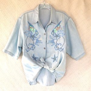 🐟VTG funky sequin fishy button down top